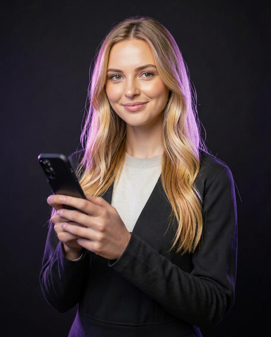 Embajadora Meru usando la app en su teléfono