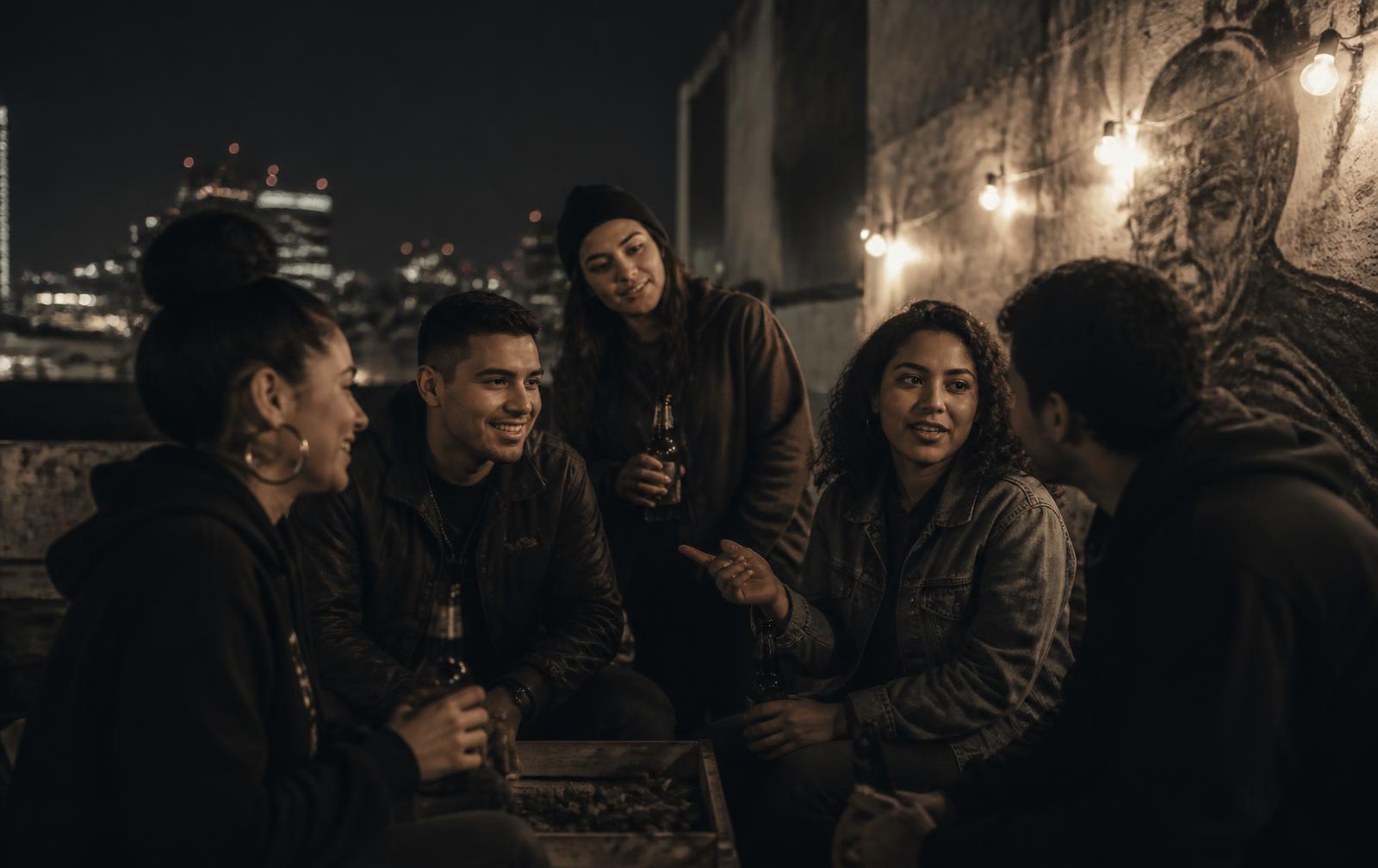 Grupo de amigos conversando en una terraza de noche